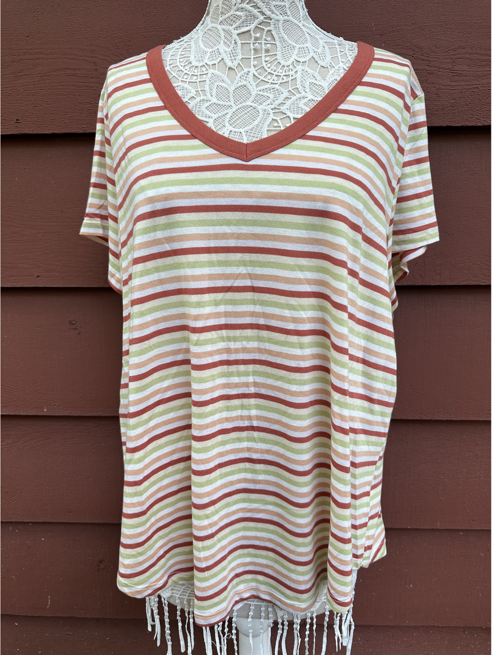 SO Striped V Neck Tee Casual Vintage Inspired Soft Cotton Blend Shirt